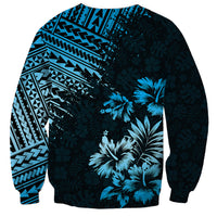Unisex black-blue sweatshirt with turquoise palm print and geometric pattern at shoulder