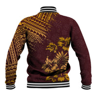 Unisex baseball jacket back in dark burgundy with yellow tropical floral print and stripes