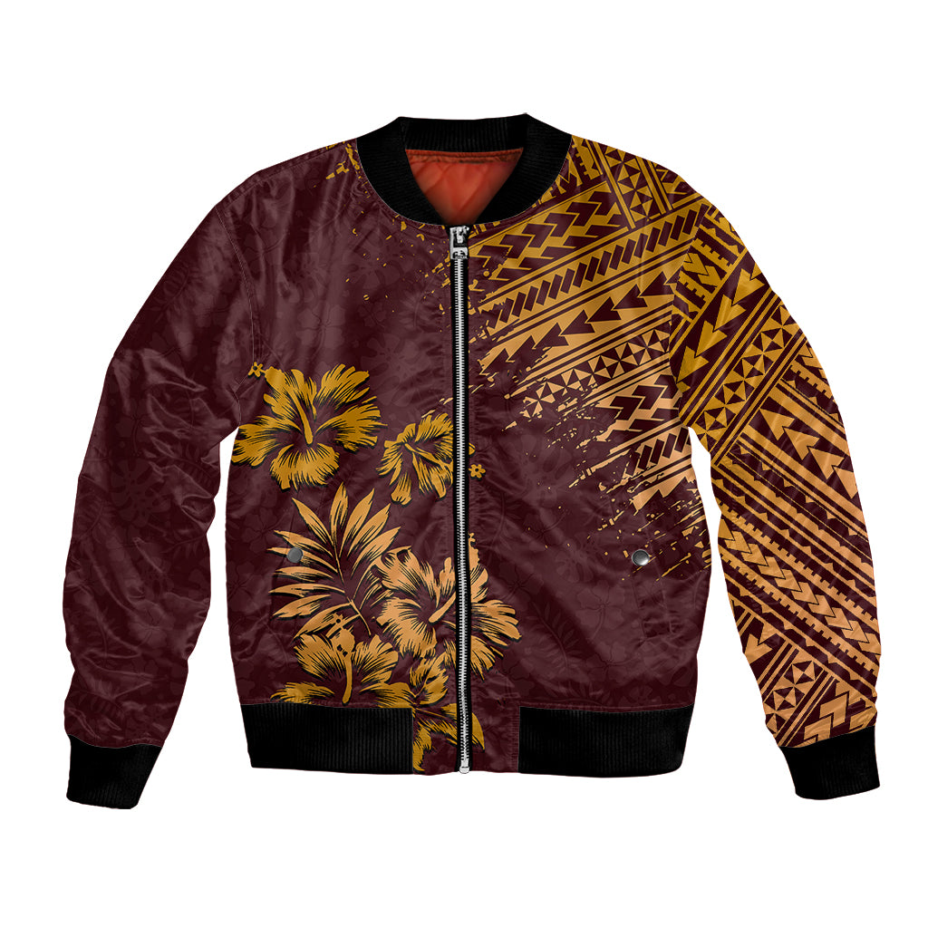Unisex bomber jacket with zip front, tropical palm print and tribal sleeve panels.