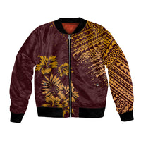 Unisex bomber jacket with zip front, tropical palm print and tribal sleeve panels.