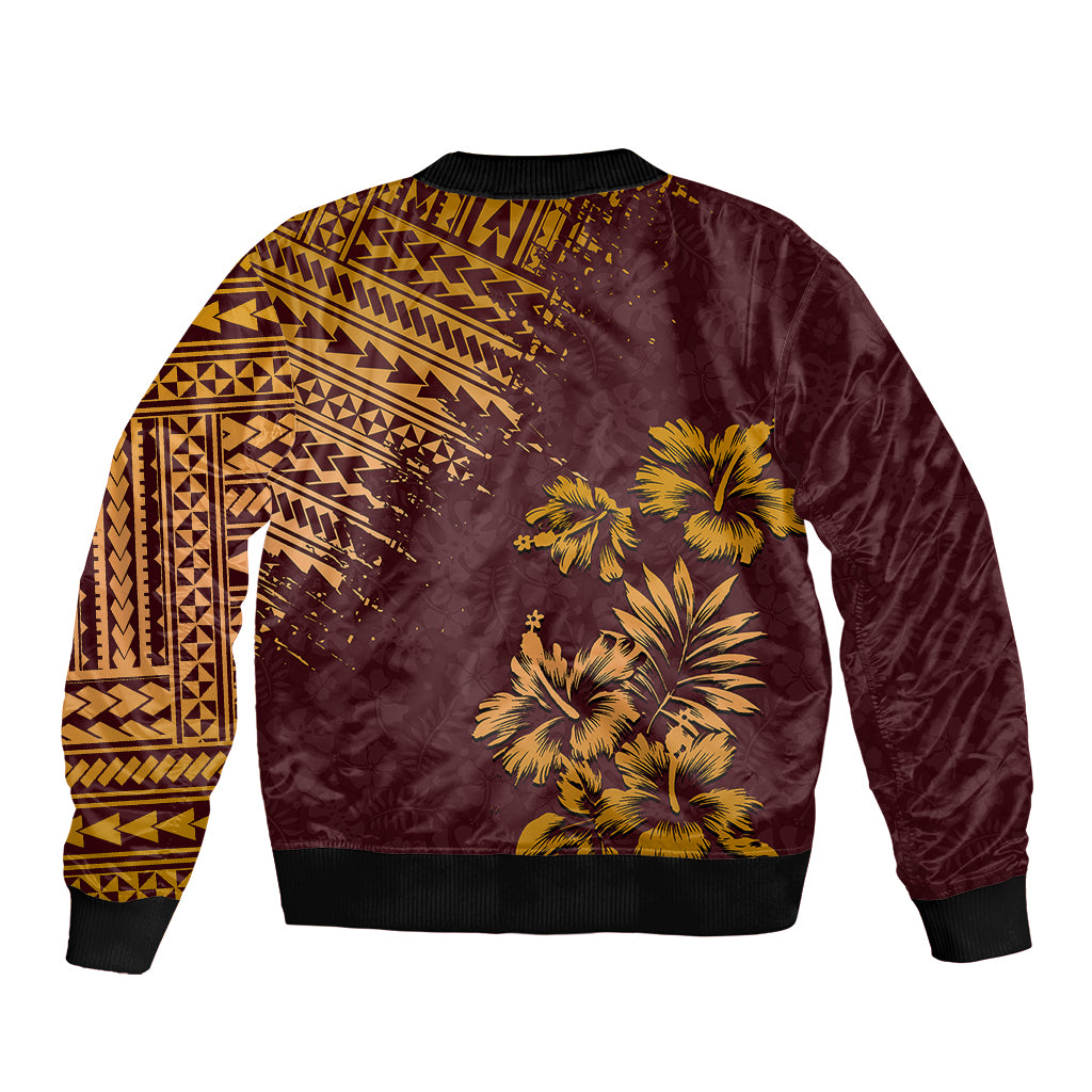 Unisex bomber jacket back view with tropical palm print and geometric tribal pattern.