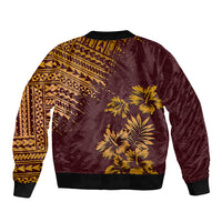 Unisex bomber jacket back view with tropical palm print and geometric tribal pattern.