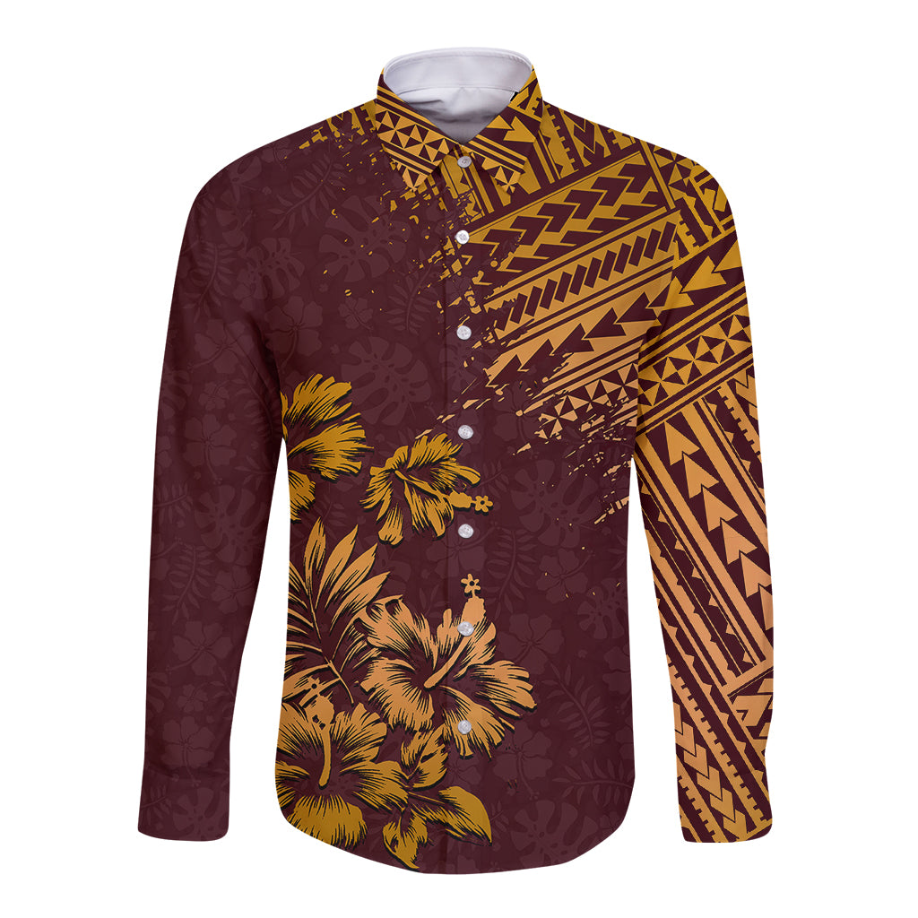 Long-sleeve button shirt in dark brown with gold geometric print and palm flowers