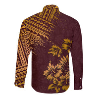 Back of long-sleeve button shirt in dark brown with gold geometric and palm print