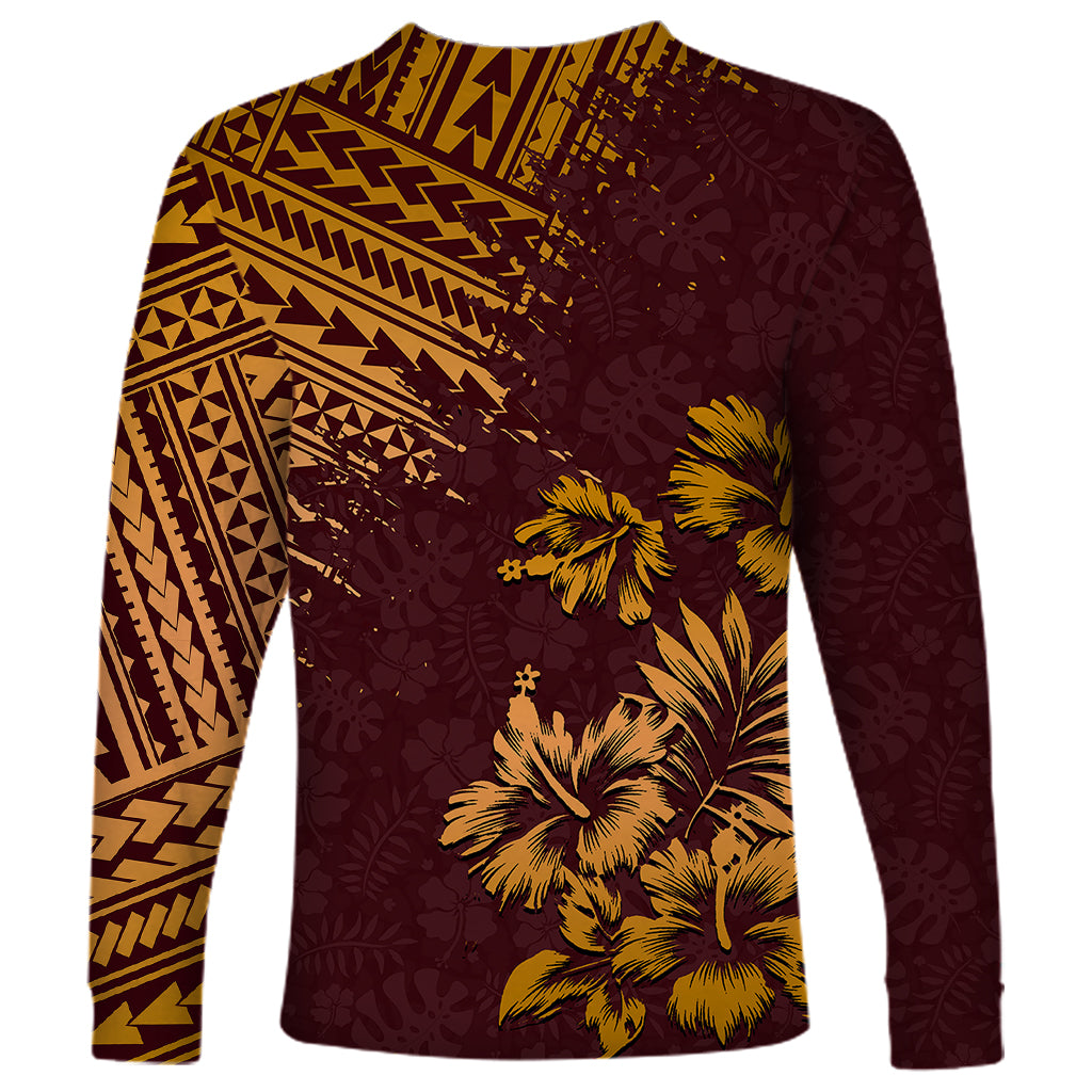 Unisex long-sleeve shirt in dark maroon with gold Polynesian trim and palm tree print