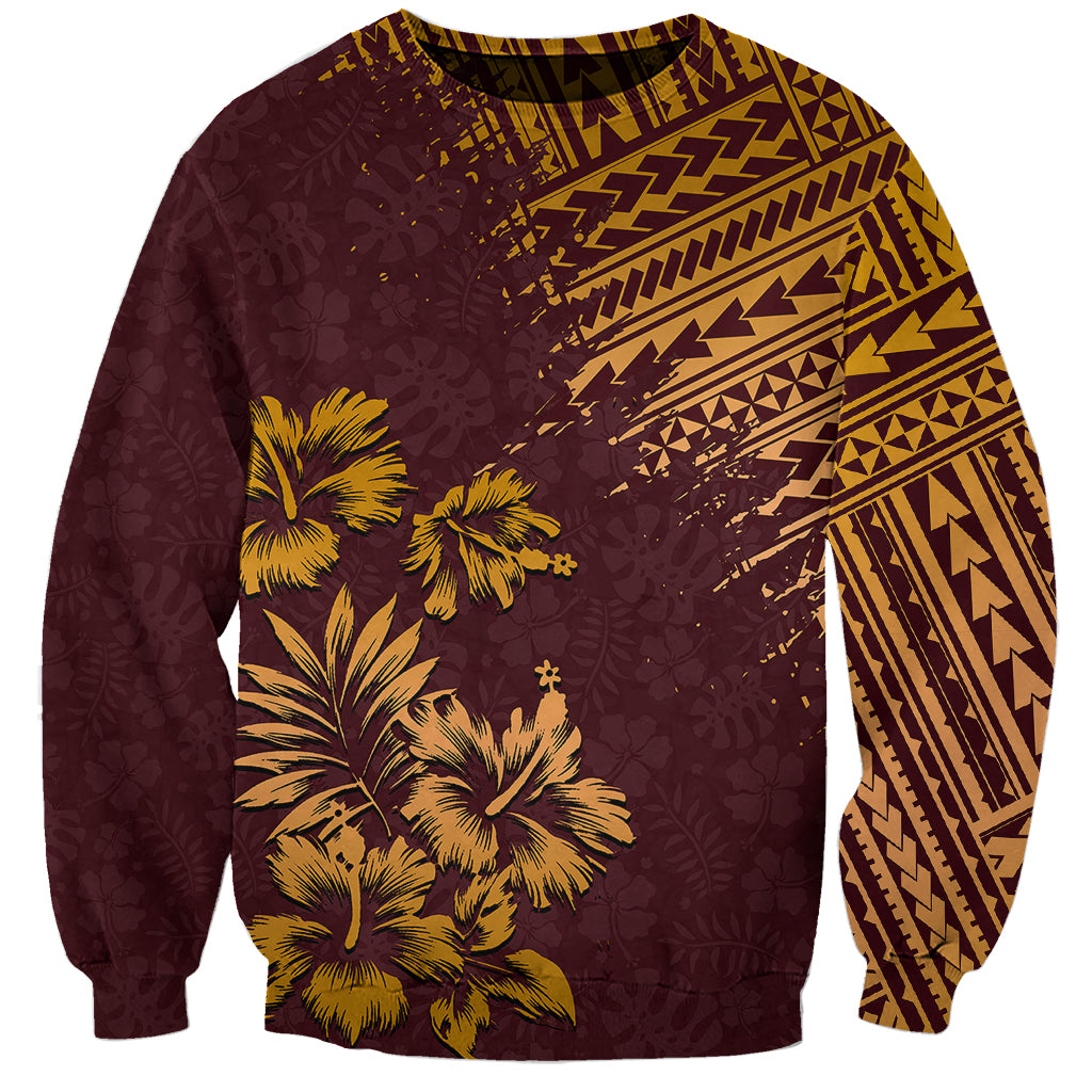 Unisex pullover sweatshirt in dark maroon with yellow palm and tribal pattern graphic