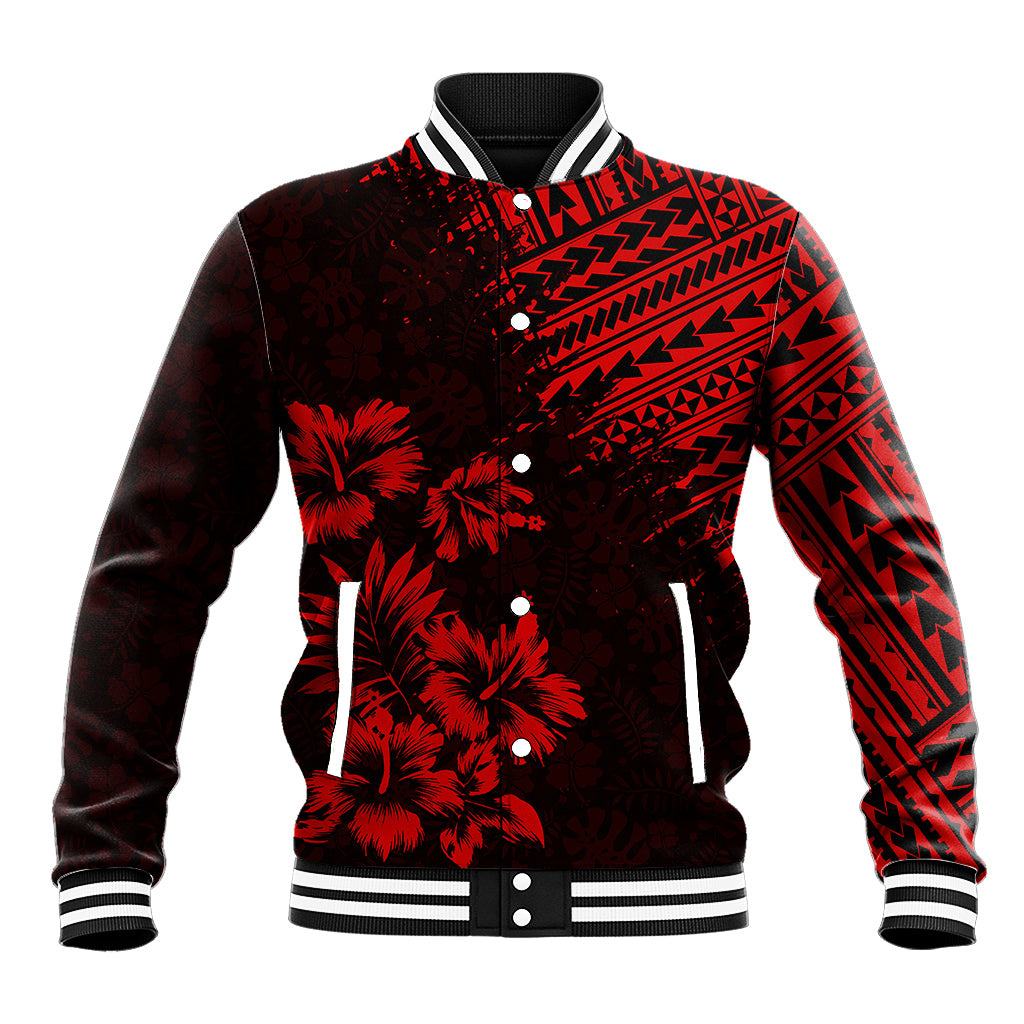Unisex black-and-red baseball jacket with snap front, ribbed collar, palm graphic.