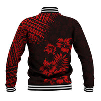 Unisex black-and-red baseball jacket with tribal back print and ribbed striped hem.