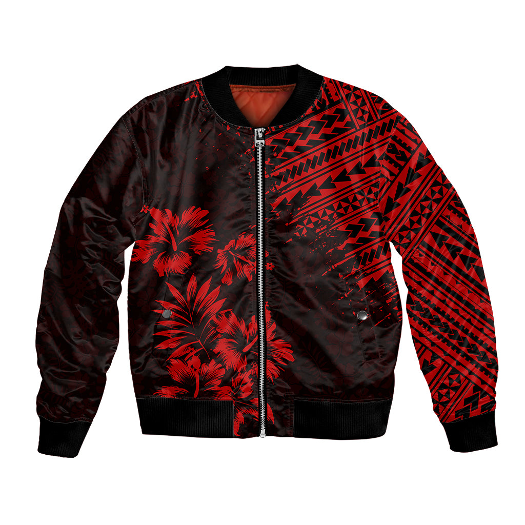 Unisex black red bomber jacket with front zipper and palm tree tribal print