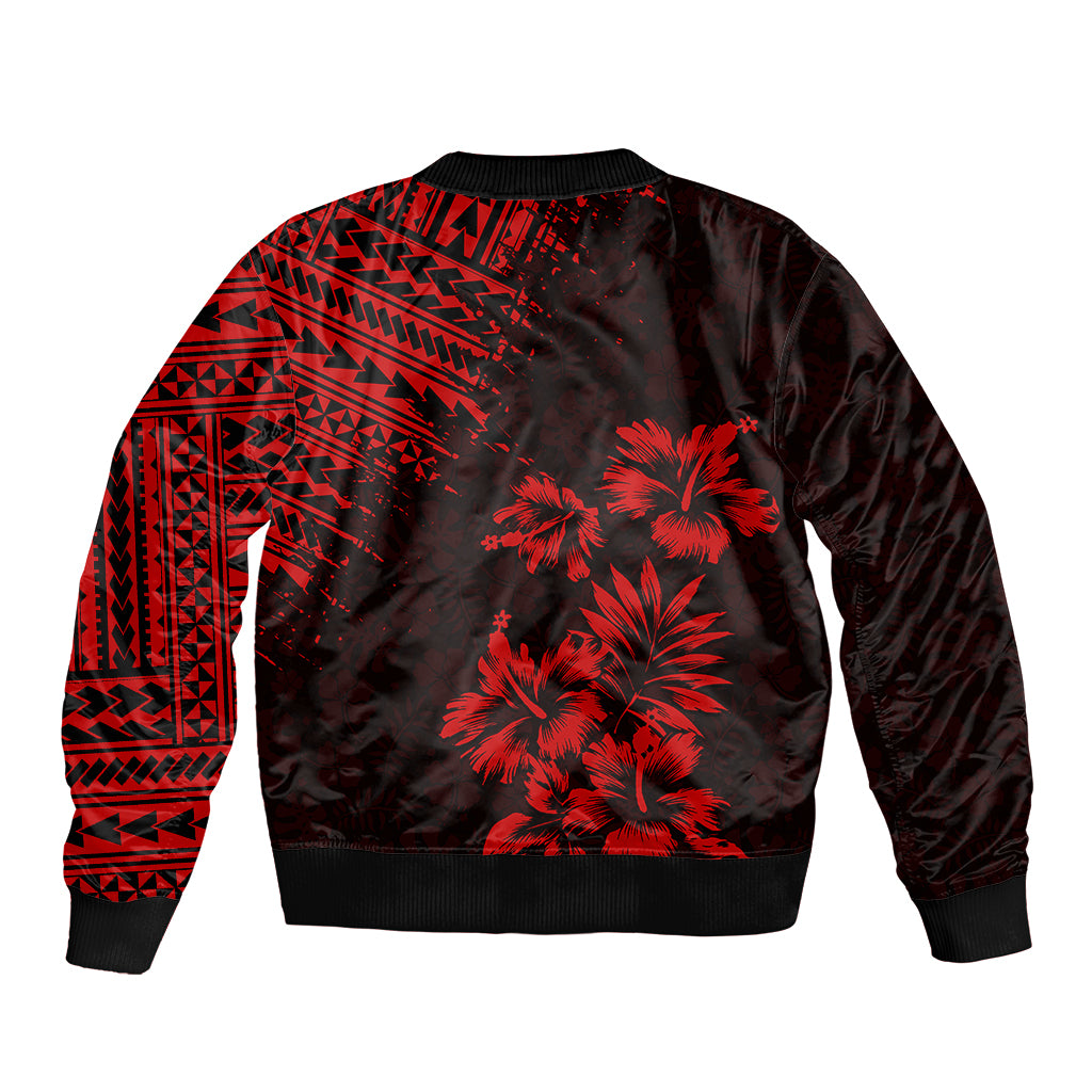 Unisex black red bomber jacket with palm tree print on back and ribbed hem