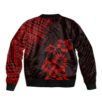 Unisex black red bomber jacket with palm tree print on back and ribbed hem
