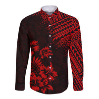 Unisex long-sleeve button shirt, dark base with red geometric and palm print