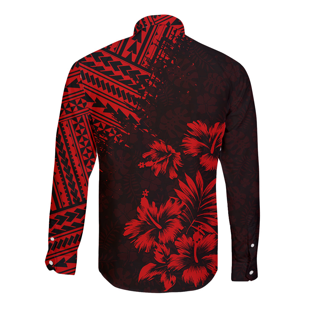 Unisex long-sleeve button shirt, dark back with red tribal pattern and palm trees
