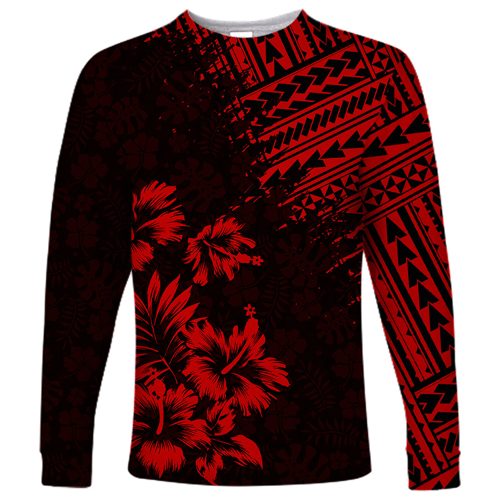 Long sleeve shirt in dark red and black with tribal pattern and palm tree graphics