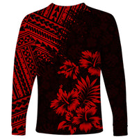 Long sleeve shirt in dark red and black with geometric bands and palm tree print