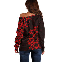 Women’s off-shoulder sweater back, black with red tribal panel and palm print