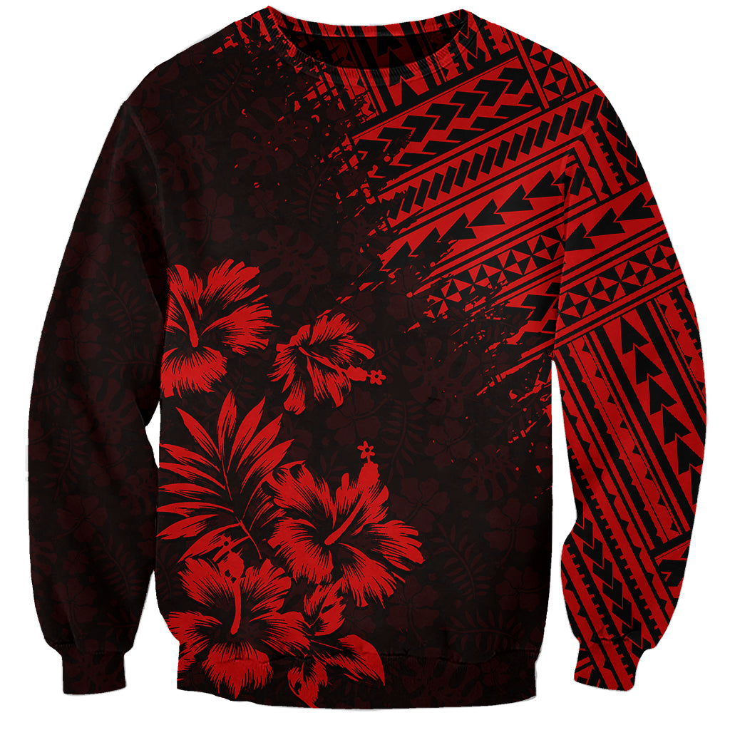 Unisex dark sweatshirt with red Polynesian pattern and palm tree graphic