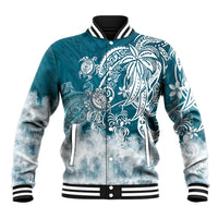 Teal baseball jacket with tribal sea turtle graphic, snap front, striped rib collar