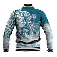 Back of teal baseball jacket with large tribal sea turtle print and striped rib cuffs
