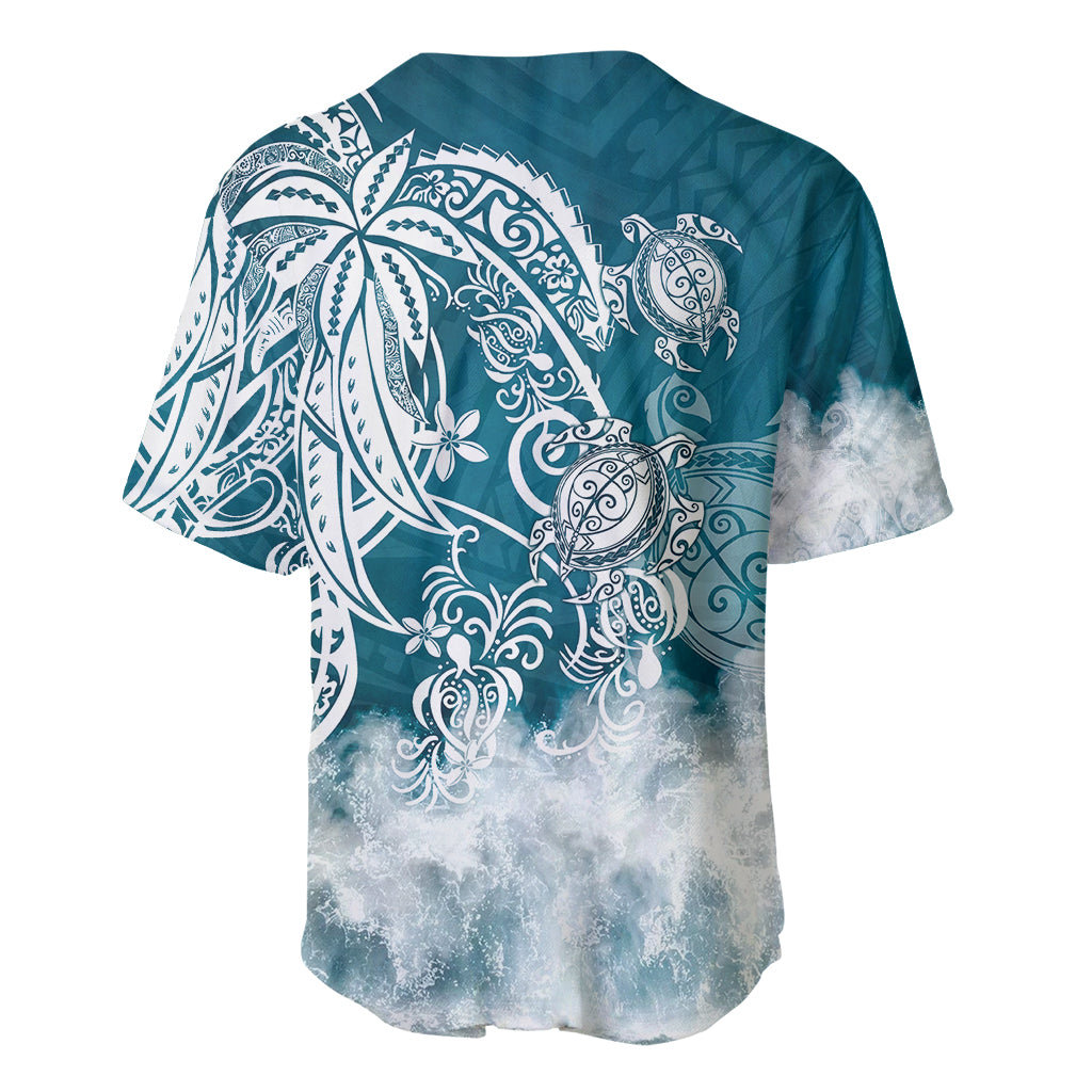 Sea turtle baseball jersey back, teal blue with large white tribal turtle and floral print