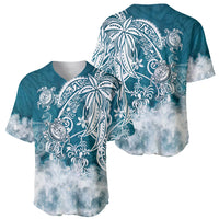 Sea turtle baseball jersey, teal blue with white tribal sea turtle graphic and cloudy hem