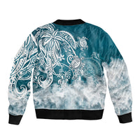 Unisex blue bomber jacket with ribbed hem and large back tribal sea turtle design
