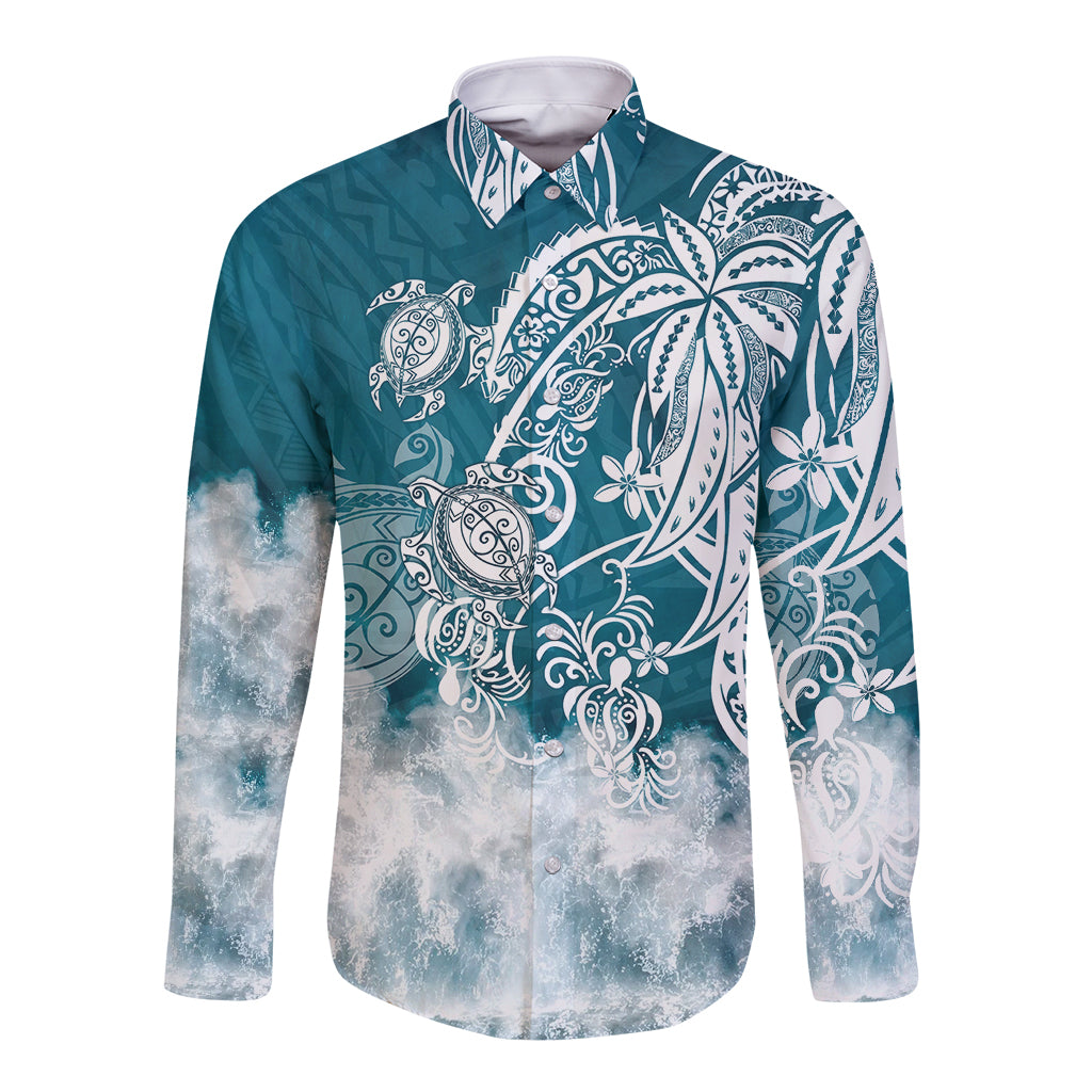Blue teal long sleeve button shirt with sea turtle tribal print
