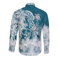 Back view blue teal long sleeve button shirt with sea turtle tribal graphic