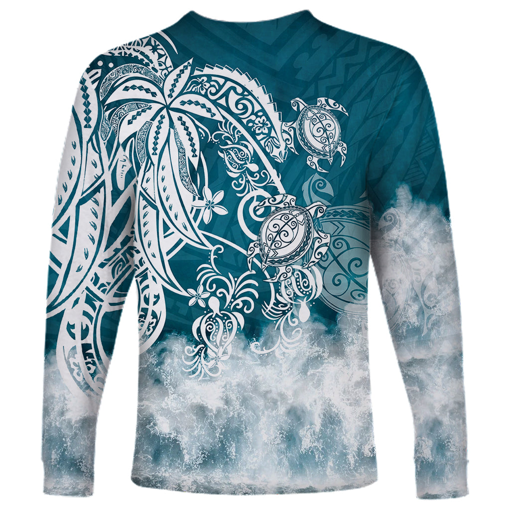 Unisex long sleeve shirt, teal-and-white sea-turtle tribal print with cloudy wave bottom