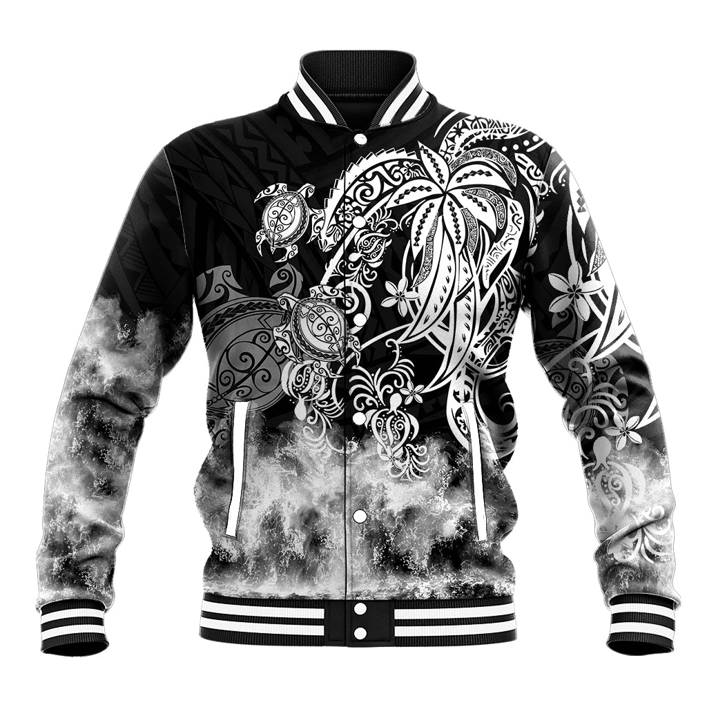 Black baseball jacket with bold tribal sea turtle graphic, snap front, ribbed striped collar
