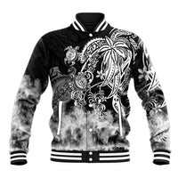 Black baseball jacket with bold tribal sea turtle graphic, snap front, ribbed striped collar