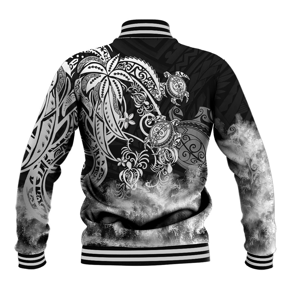 Black baseball jacket with large back tribal sea turtle graphic, ribbed striped collar and hem