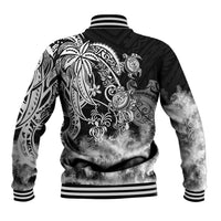 Black baseball jacket with large back tribal sea turtle graphic, ribbed striped collar and hem