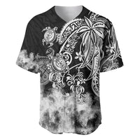 Black baseball jersey with white tribal sea turtle graphic and button placket