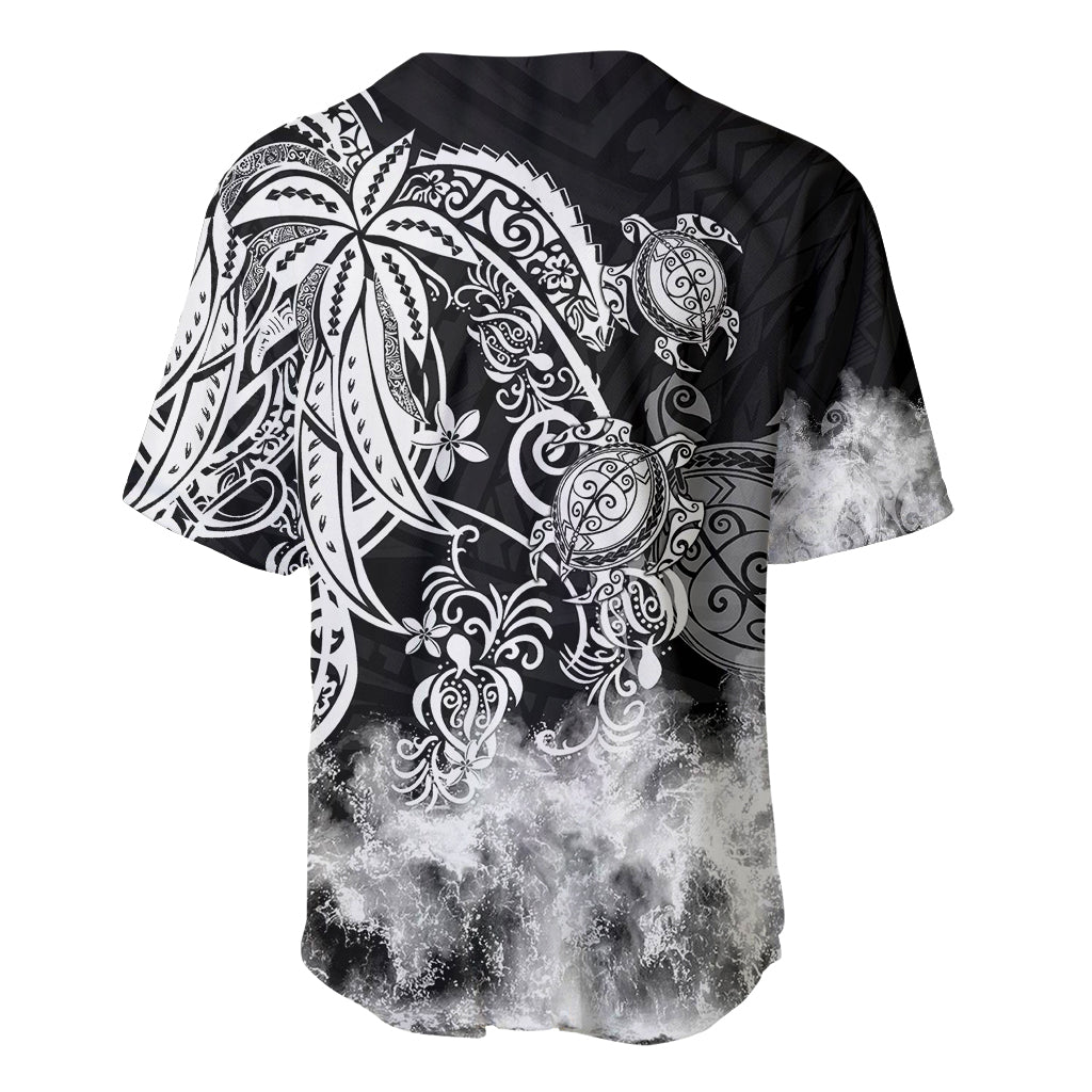 Black baseball jersey back with large white tribal sea turtle artwork