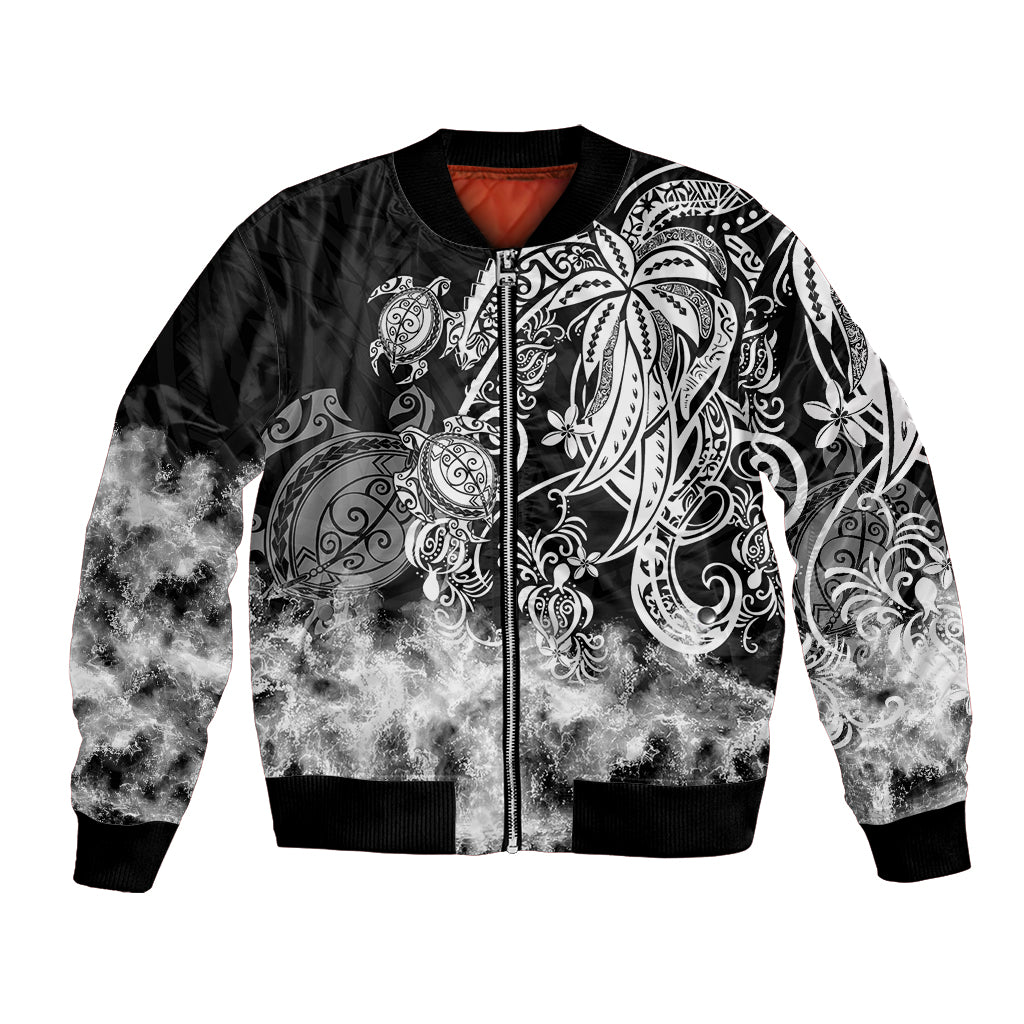 Black bomber jacket, full-zip front with tribal sea turtle artwork in white/gray