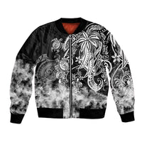 Black bomber jacket, full-zip front with tribal sea turtle artwork in white/gray