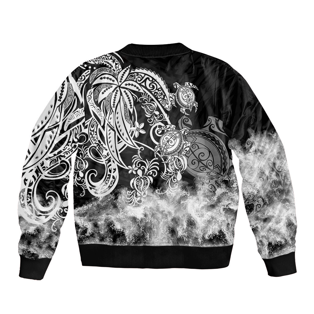 Black bomber jacket back with large tribal sea turtle graphic in white and gray