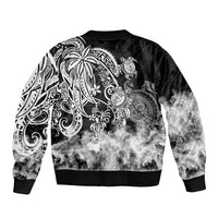 Black bomber jacket back with large tribal sea turtle graphic in white and gray