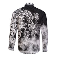 Black long-sleeve button shirt back with white tribal turtle and scroll pattern