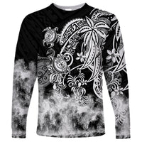 Black long-sleeve shirt with white tribal sea turtle graphic and cloudy gradient hem