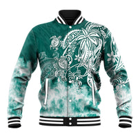 Unisex green baseball jacket with white tribal sea turtle front graphic