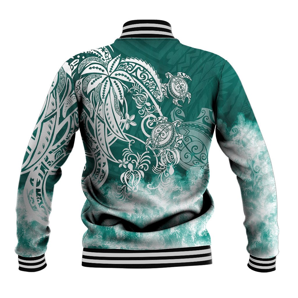 Unisex green baseball jacket with white tribal sea turtle back graphic
