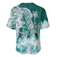 Green baseball jersey back with large white turtle and floral tribal pattern