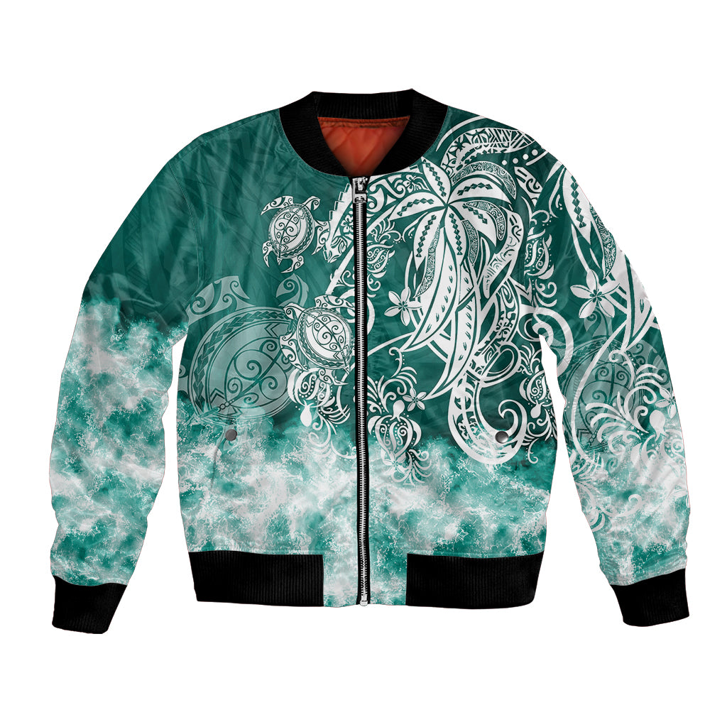 Unisex green bomber jacket with teal sea turtle tribal print, full-zip front