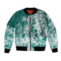 Unisex green bomber jacket with teal sea turtle tribal print, full-zip front