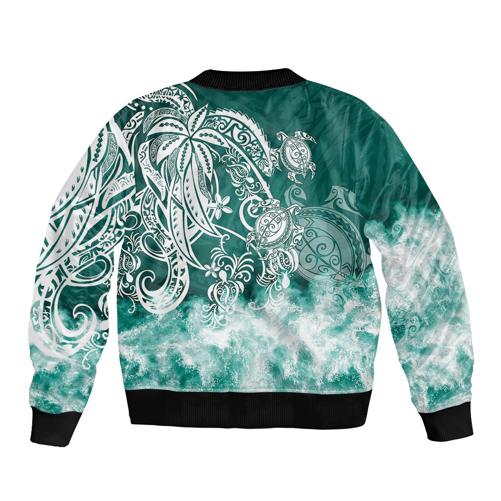 Unisex green bomber jacket with teal tribal back graphic, ribbed cuffs and hem