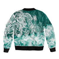 Unisex green bomber jacket with teal tribal back graphic, ribbed cuffs and hem
