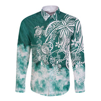 Green long-sleeve button shirt with white tribal sea turtle print, front view