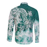 Green long-sleeve button shirt with white tribal sea turtle print, back view